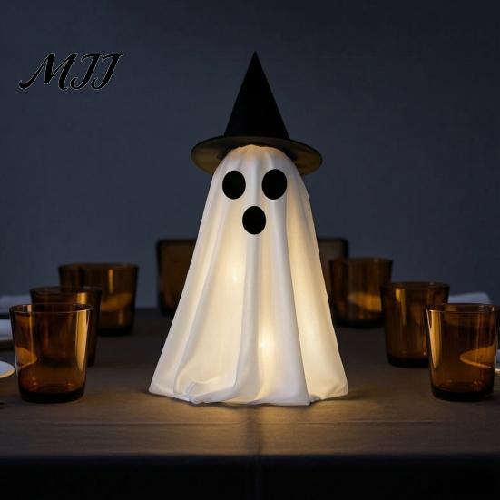 Tabletop Haunted House Supplies 2Pcs Halloween Decoration, Light-Up Ghost with Witch Hats, Spooky Interior Lighting Decor Figurine,
