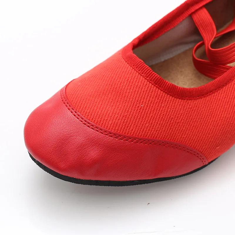 New Teacher Dance Shoes Canvas Leather Ballet Shoes Square Low Heel Dancing Shoe Black/Red Girls Women's Shoes Teaching Practice