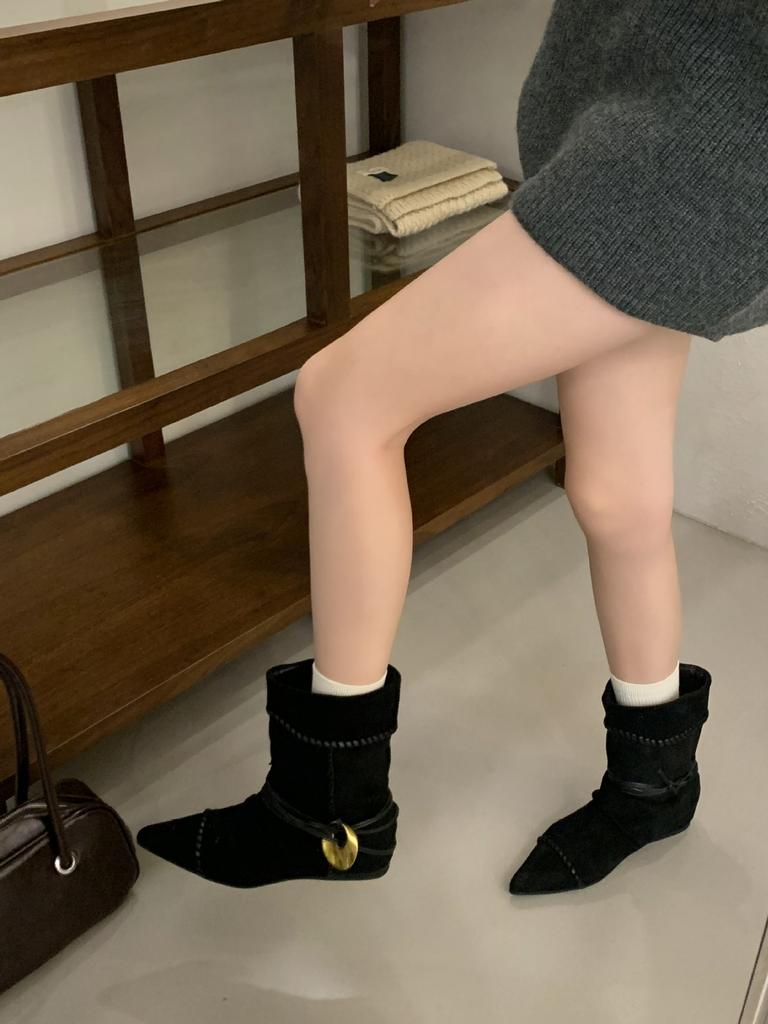 Sleeve stacking boots 2025 autumn new wedge heel metal buckle tip inner height increase matte leather high boots