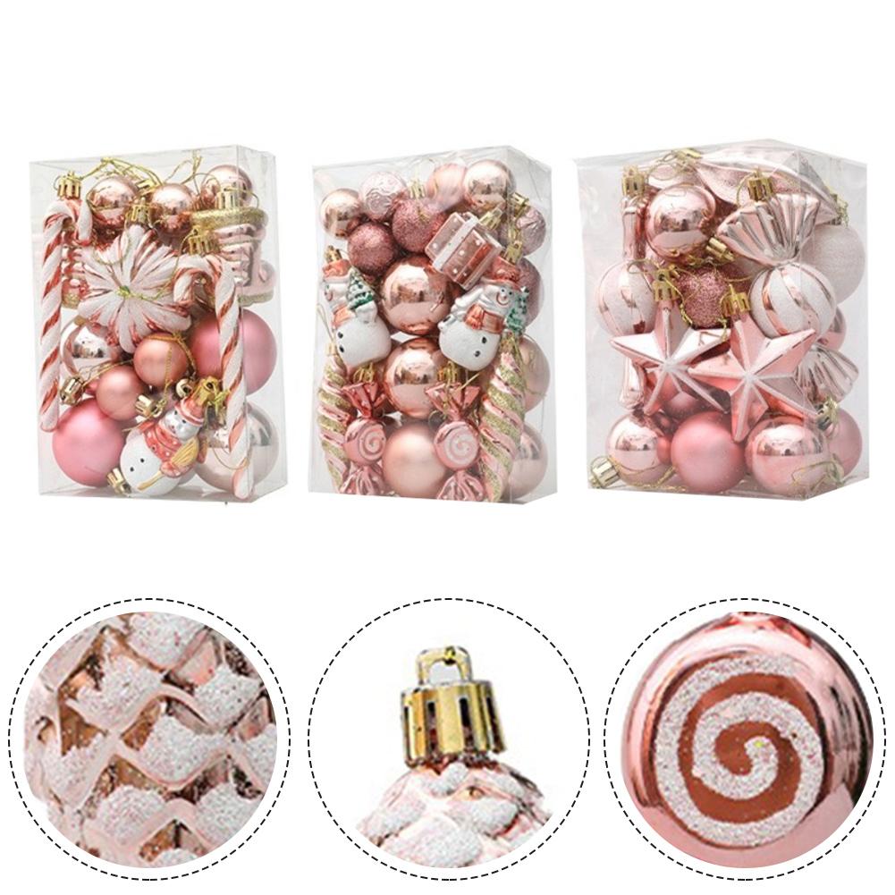 Christmas Baubles Set Rose Gold Color for Indoor Outdoor Decoration Includes Various Shapes for Festive Atmosphere