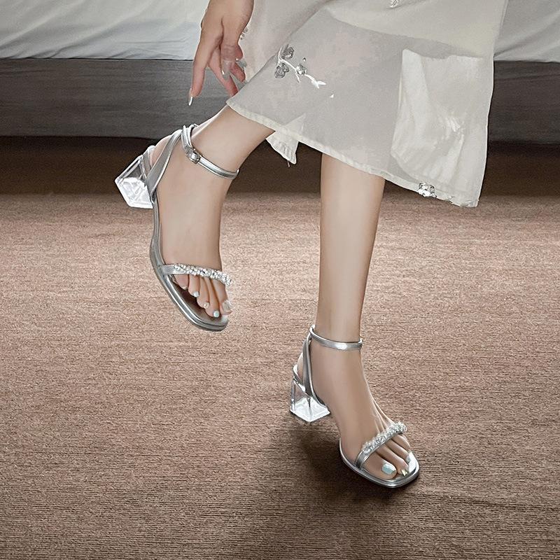 Thick Heel Sandals Female Summer New Fairy Wind Transparent Crystal Diamond Strip High Heel Word with Open Toe Sandals Female