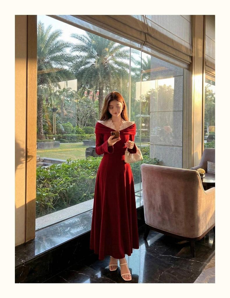 Women's Retro Cross Lace Patchwork V-Neck A-Line Dress - Autumn Winter Slim High-Waisted Design