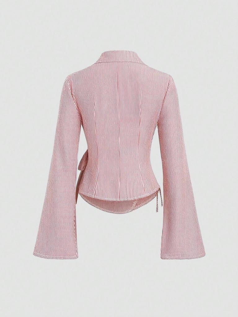 2025 Early Autumn Korean Style Women's Irregular Lace-up Striped Long Sleeve Shirt