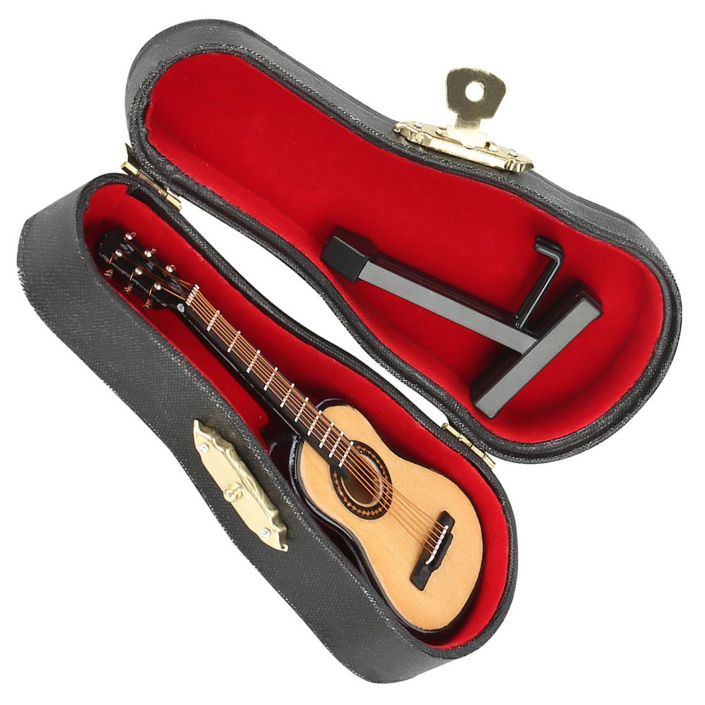3pcs Wooden Material Miniature Guitar Model With Stand Mini Size Wooden Guitar Model Black Leather Case Collectible Figurines