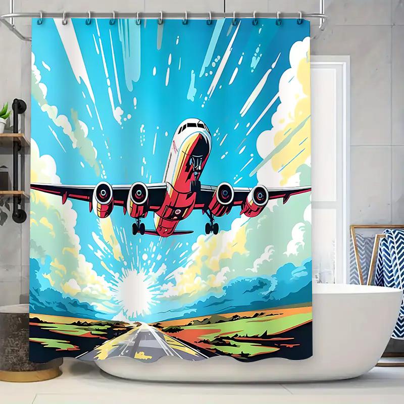 Vibrant Retro Airplane Design Bath Curtain Waterproof Fabric Ideal For Bathroom Decor Includes Hanging Rings For Easy Setup
