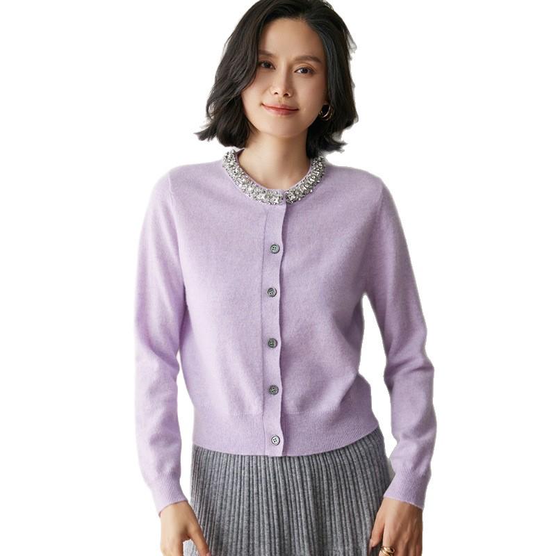 2026 Spring Women's Wool Cardigan: Round Neck Rhinestone Cashmere Sweater - Loose Knit Outerwear
