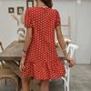 New European and American polka dot loose short skirt, round neck lotus leaf hem French casual vacation temperament dress