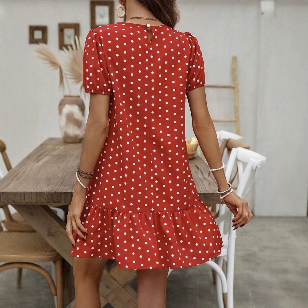 New European and American polka dot loose short skirt, round neck lotus leaf hem French casual vacation temperament dress