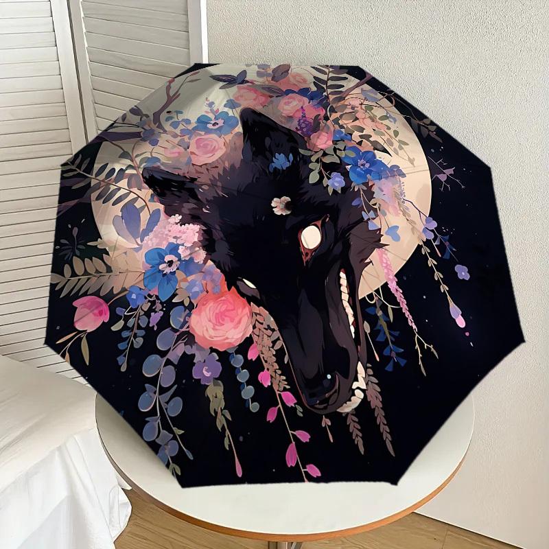 1pc Wolf Flowers Automatic Folding Umbrella 8 Rib Iron Frame, Compact Portable Umbrella Suitable for Travel, Daily Use, Birthday, Women & Men Gift 022
