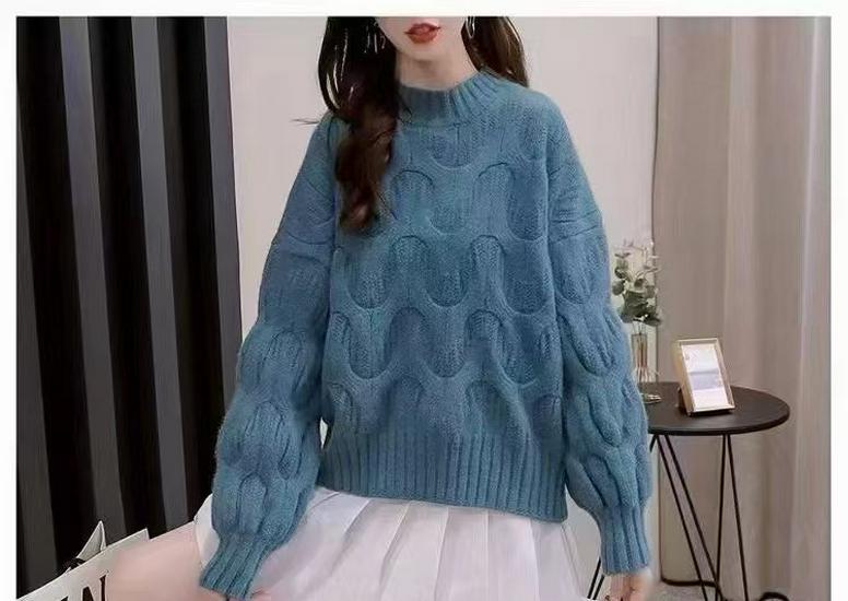 Sweter damski w stylu koreańskim z dzianiny warkoczowej z rękawami typu latarnia – luźny krój, gładki, pulower na jesień/zimę