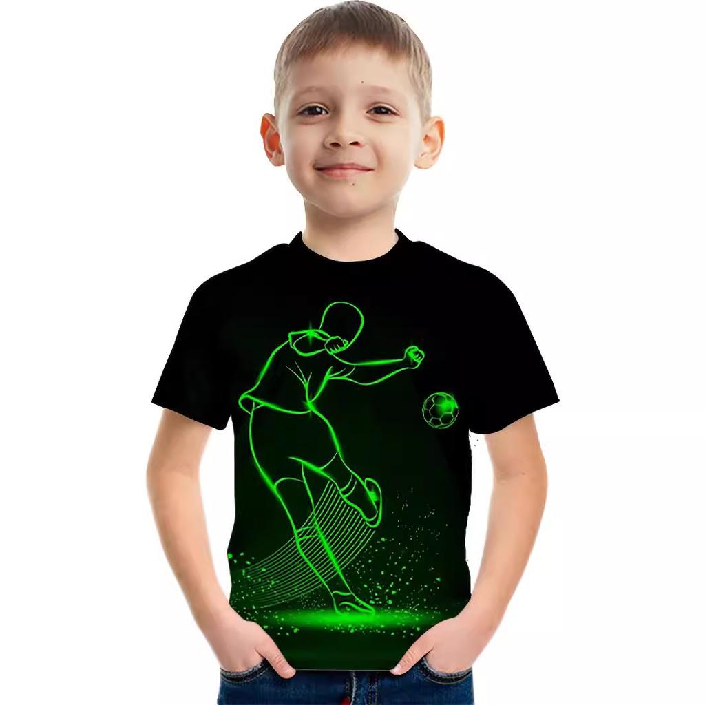 Summer Round Neck 3D Flame Football Printed Top Fashionable Casual Short Sleeved Children's Boy T-shirts