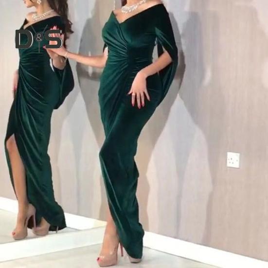 Abendkleid für Damen, schmal, plissiert, schulterfrei, Schlitz am Saum, halbe Ärmel, jährliches Symposium, Hochzeit, Party, Abschlussball, Maxikleid, Ballkleid