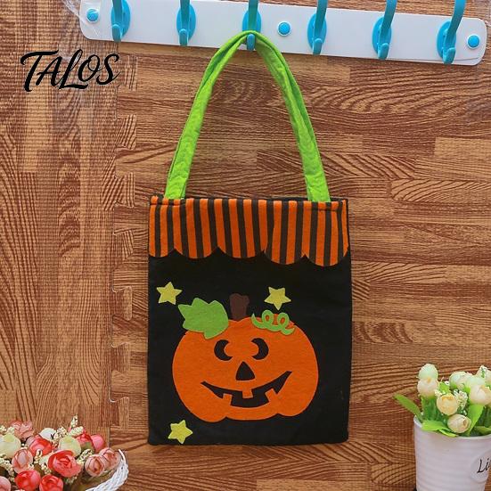 Decorative Halloween Accessory Candy Bags, Non-Woven Trick or Treat Tote Bags with Handles, Bulk Party Supplies Packaging Cute Black Cat Pumpkin Print