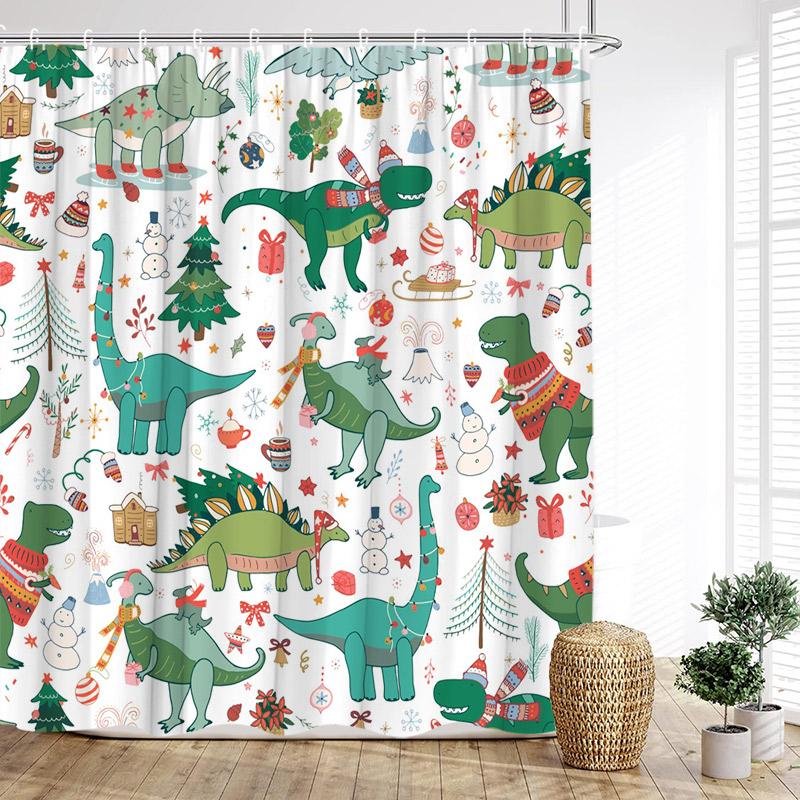 Cartoon Christmas Shower Curtain Funny Snowman Santa Claus Elk Xmas Trees New Year Kids Bath Curtains Bathroom Decor With Hooks