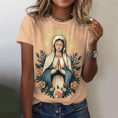 Kadınlar İçin Meryem Ana Desenli Tişört Kutsal Hristiyanlık 3D Baskılı Tişörtler Yaz Modası Sokak Tişörtleri Kısa Kollu O Yaka Üstler