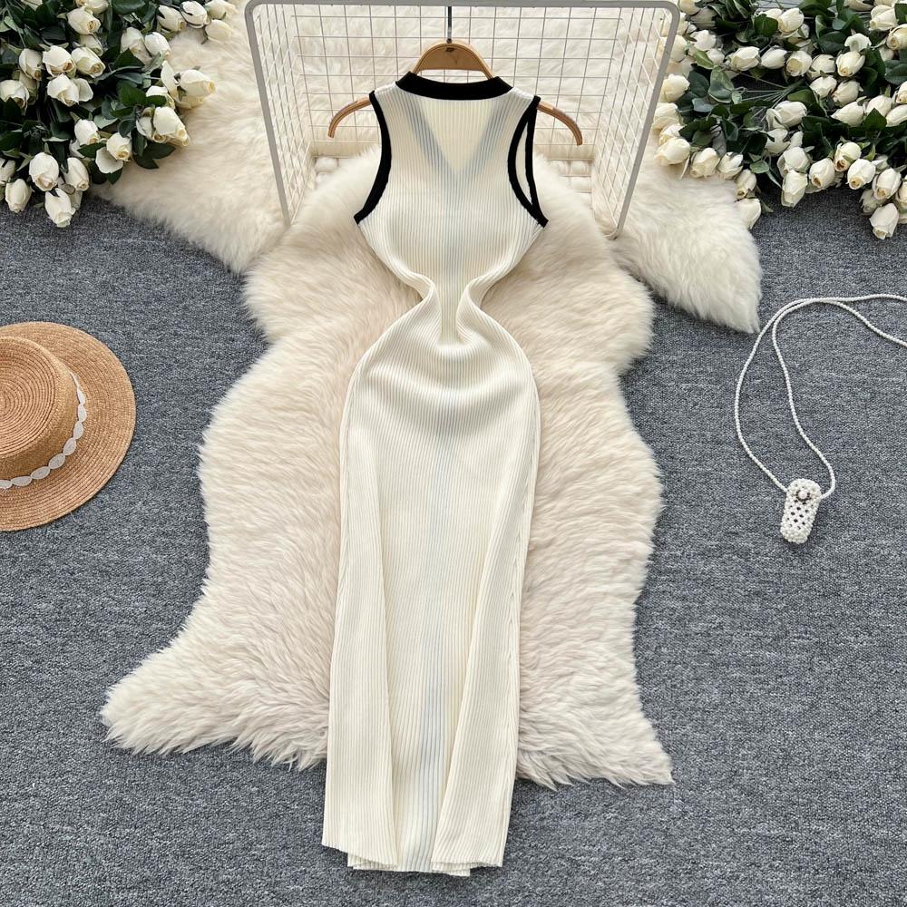 Summer Women Casual V-neck Sleeveless Single Breasted Knitted Sweater Long Midi Dresses