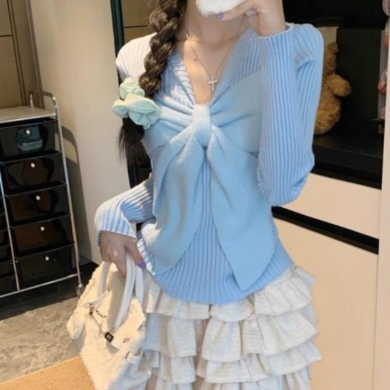 Women's Autumn & Winter Korean Style White Long Sleeve Knit Base Layer Sweet Spicy Girl Bow Sweater Slim-Fit Inner Wear Short Top