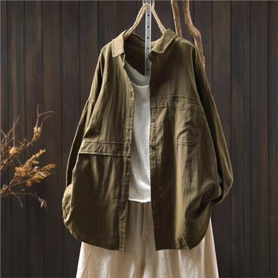 Women Vintage Shirts Tops Turn-down Collar Solid Color Blouses Autumn Button Pockets Shirts