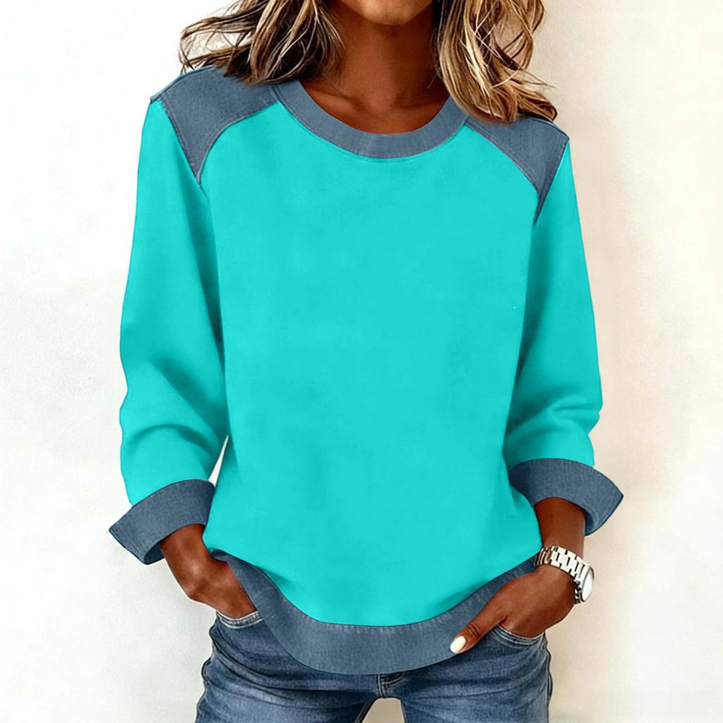 Damen Jeanskragen Patchwork Nähte Sweatshirt Lässig Pullover Langarmshirts