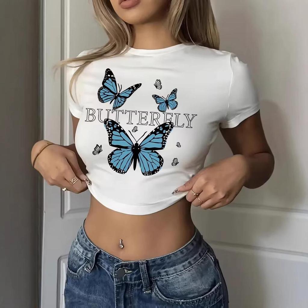 European and American Style Women's White Butterfly Print Cropped T-Shirt