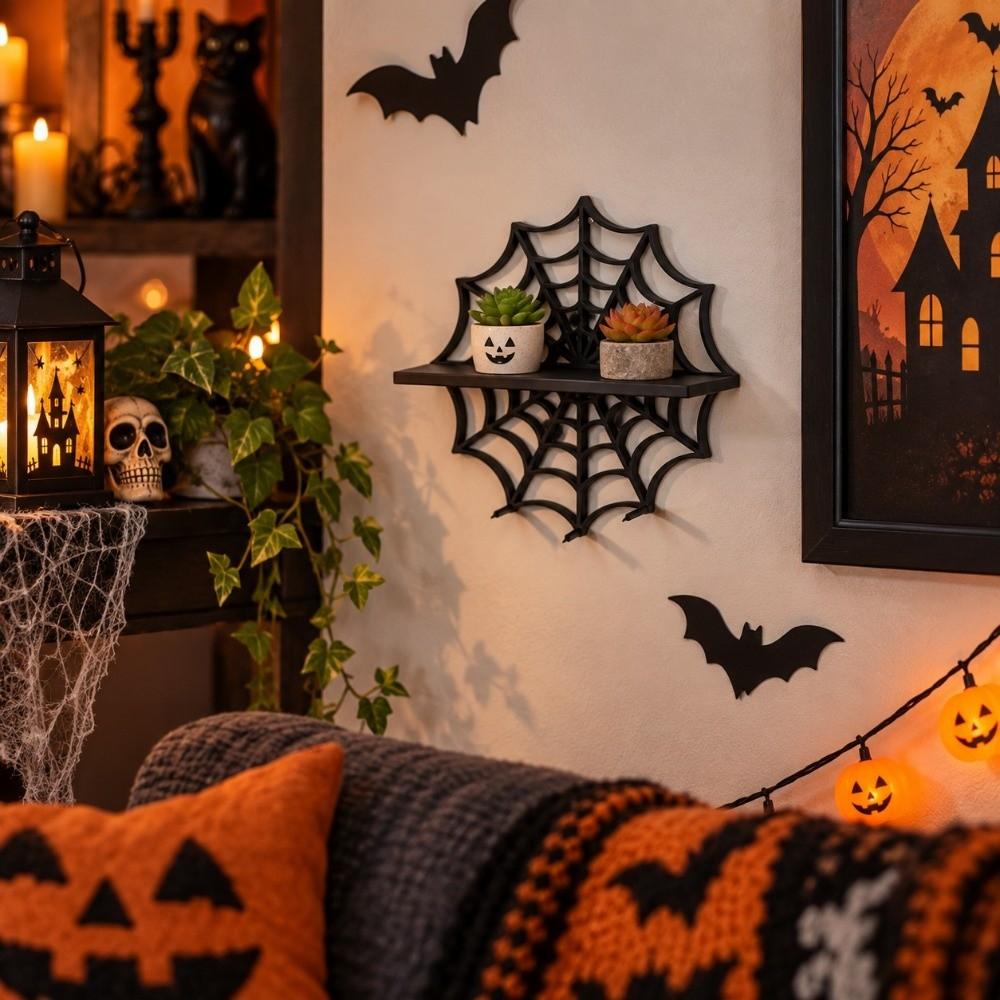Black Halloween Floating Shelf Spider Web Wall Storage Rack Wall-Mounted Shelves Living Room