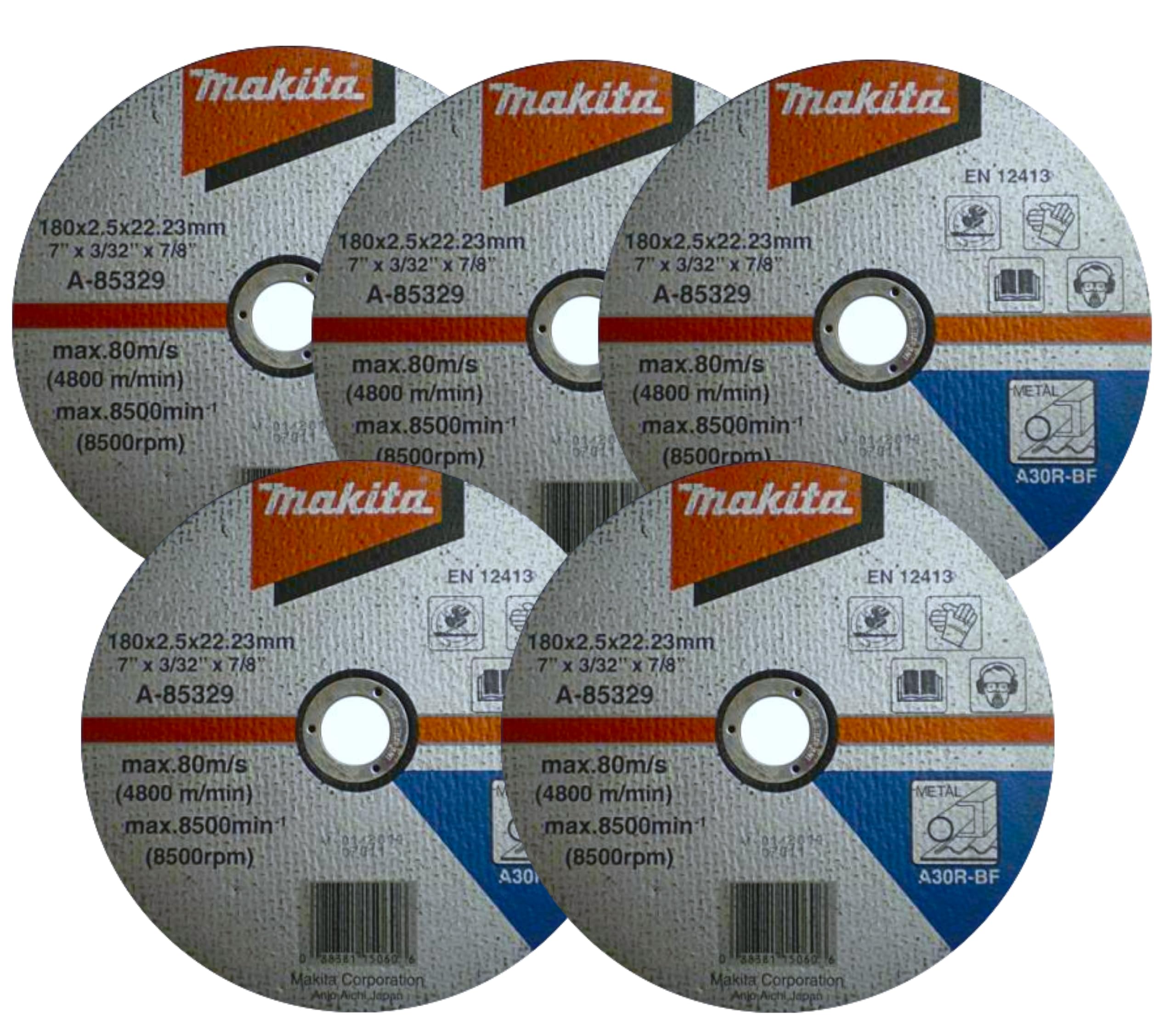 

Makita Disc Grinder Cutting Wheels for Set of 180mm Outer Diameter x Hole Blades, Metalwork, 5, 2.5mm Thickness, 22.23mm Diameter, A-85329 [Used]