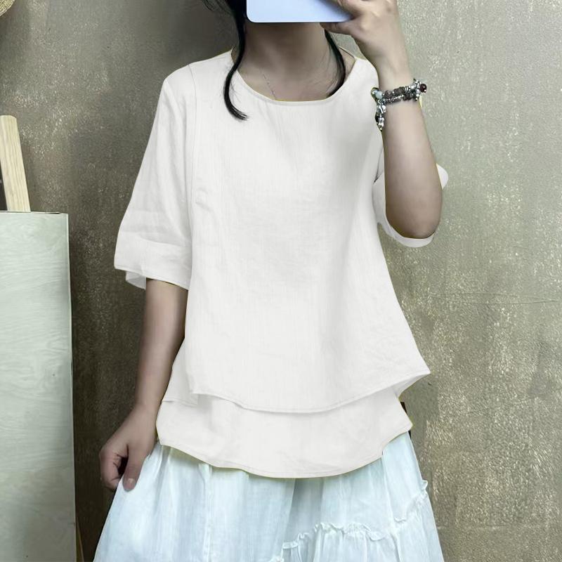 ZANZEA Women Summer Round Neck Loose Casual Half Sleeve Blouse
