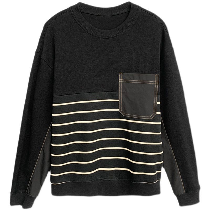 Spring and Autumn Men's Fashion Simple Round Neck Spliced Stripe Long Sleeve Loose Casual Thin Versatile Sweater T-shirt