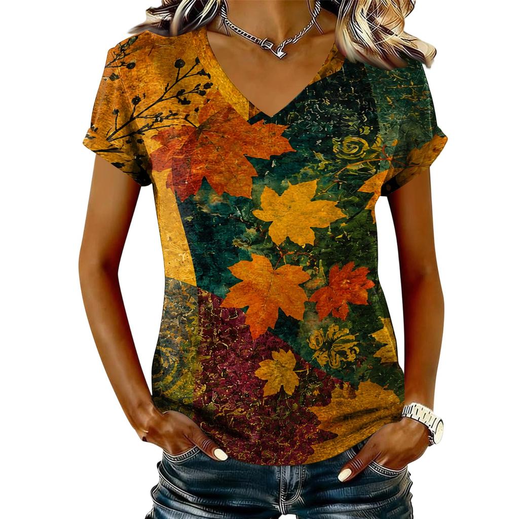 Women's V-Neck Short Sleeve Top with Maple Leaf Print for Casual Everyday Wear