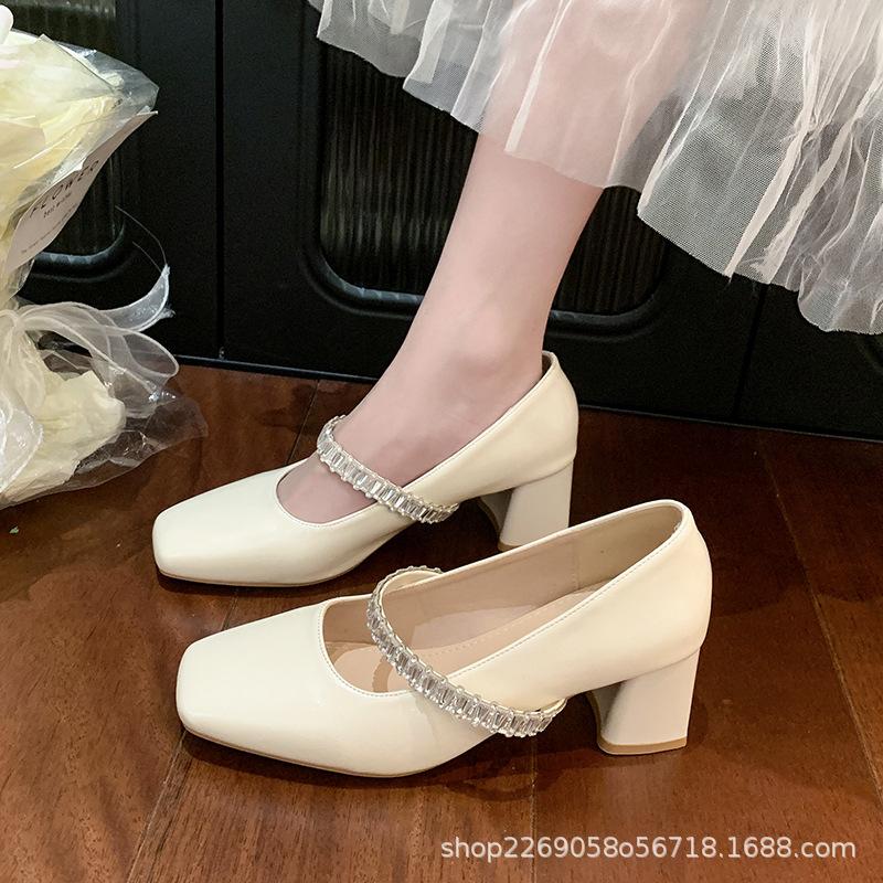 2025 Autumn New Fairy Style with Skirt Temperament Square Head Low Heel Single Shoes French Rhinestone Thick Heel Mary Jane Shoes Women