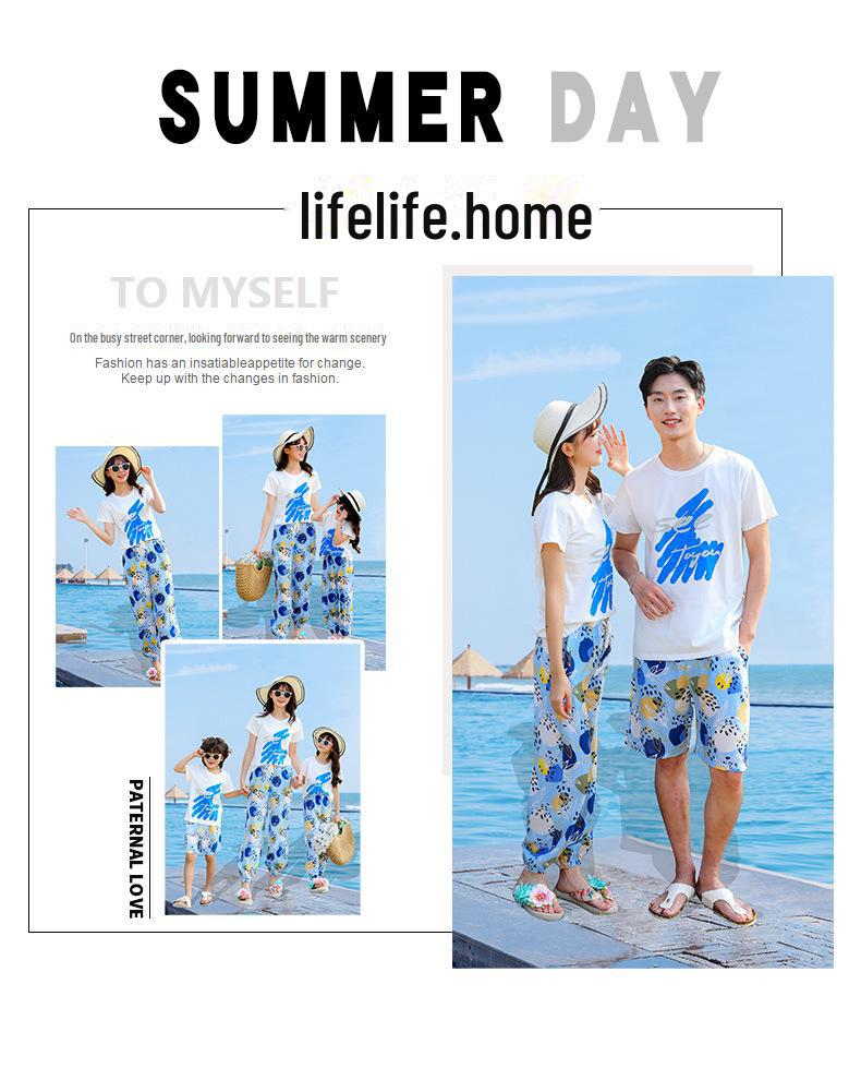 2025 Sommer-Strand-Eltern-Kind-Outfits: Fußanzüge der dreiköpfigen Familie am Meer