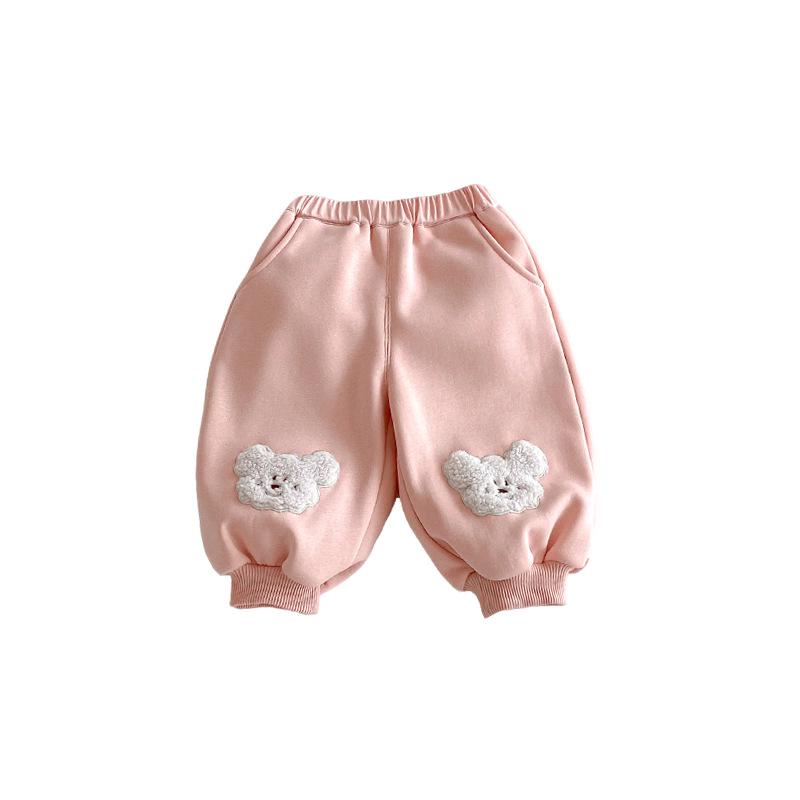 2025 Winter Boys' Korean Little Bear Patch Training Pants - Thickened, Color Blocked, Trendy Casual Pants for Kids