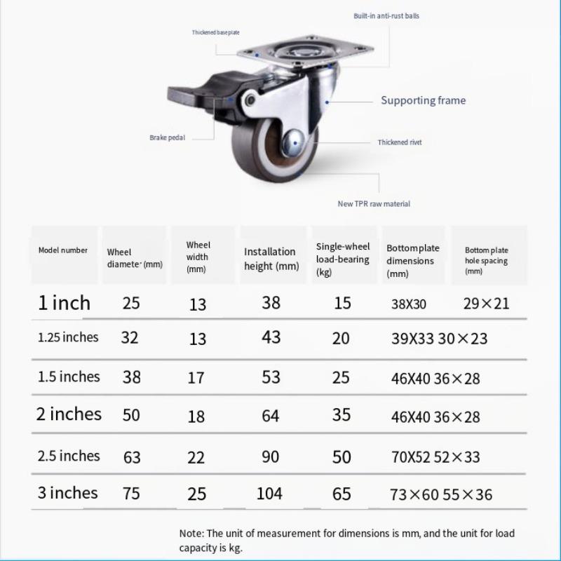 1PC silent universal wheel, furniture small pulley TPR soft rubber with brake casters