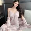 Sexy Pajamas Women's Ice Silk Thin with Chest Pads Long-sleeved Nightgown Nightgown Court Pure Desire Style Long Knee Loungewear