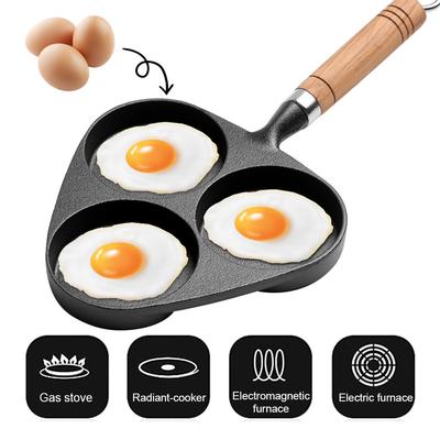 3-Kops Gietijzeren Ei Bakpan Anti-aanbak Ei Koker met Handvat Omeletpan voor Ontbijt Gebakken Ei Pannenkoeken Steaks Hamburger