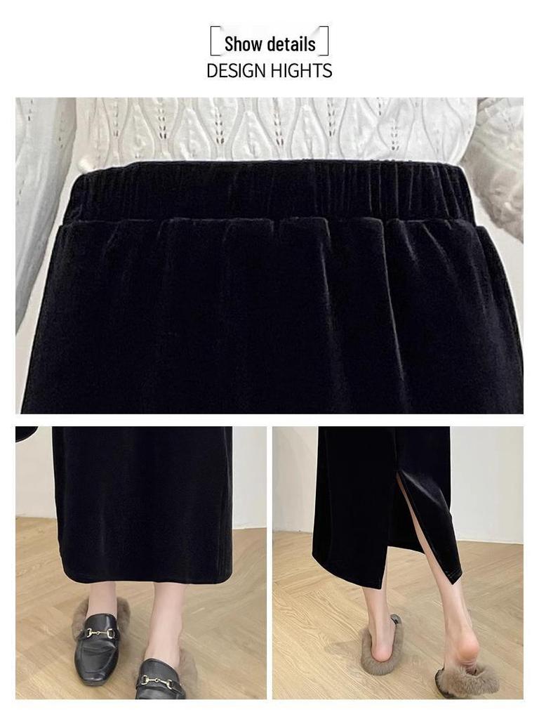 Black Gold Velvet High Waist Slimming Skirt for Women - 2026 Spring/Autumn, Plus Size, Mid-Length