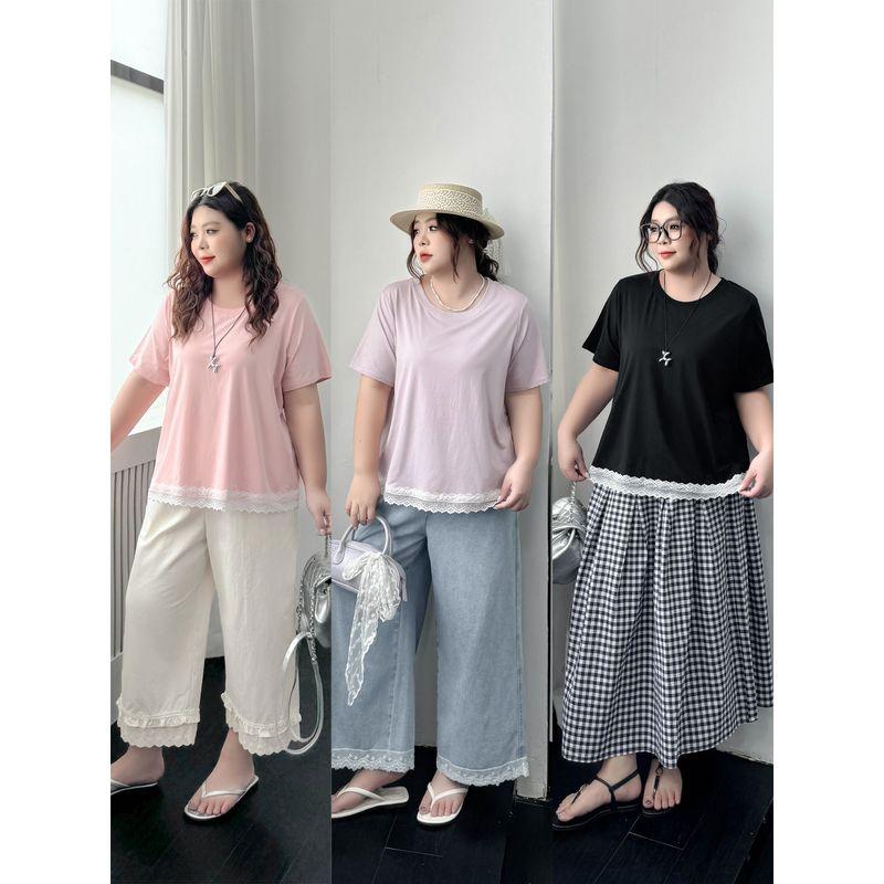 Plus size women clothing [Lace Cool T] Ice Porcelain Cotton Short sleeve T-shirt Chubby Girl Summer 100.00kg Belly Covering Slimming Top