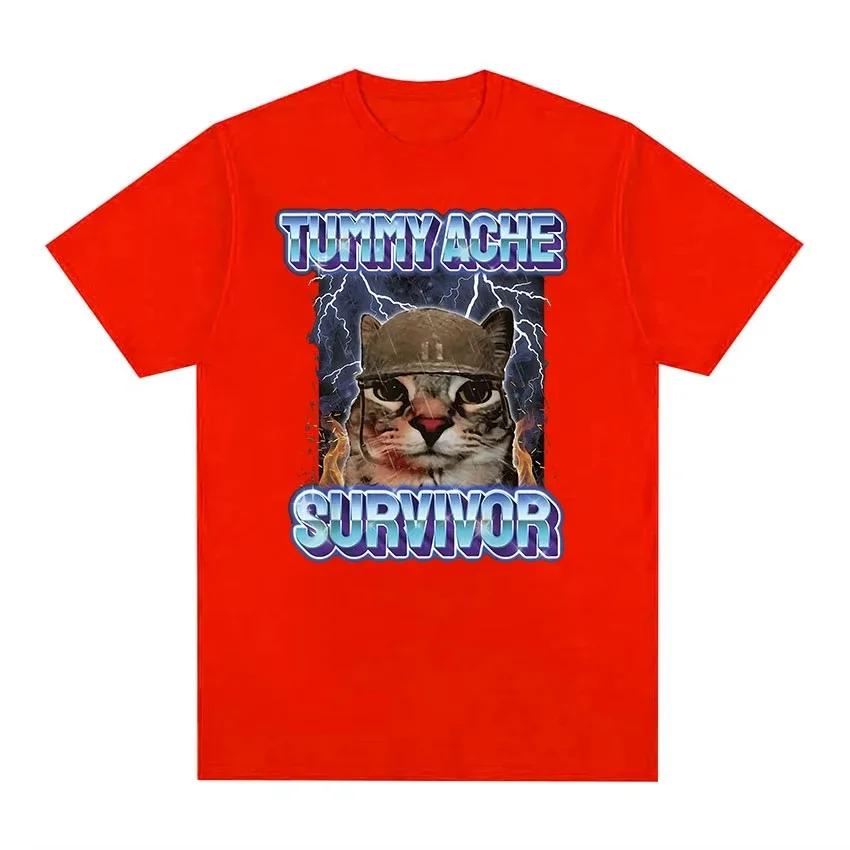 Vintage Barriga Dolor Sobreviviente Divertido Gato Meme Camiseta Hombres Mujeres Ropa Moda Camiseta De Manga Corta Casual