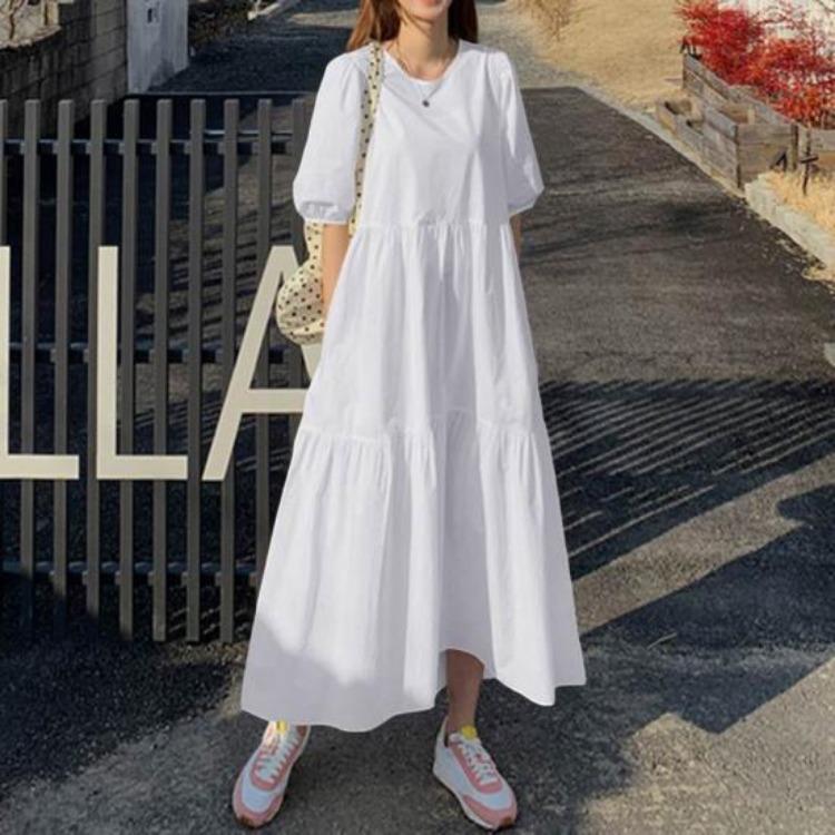 Damen Sommerkleid Locker A-Linie Maxi Knöchellang Kurzarm Rundhalsausschnitt Einfarbige Patchwork Falten Weich Atmungsaktiv Damenkleid