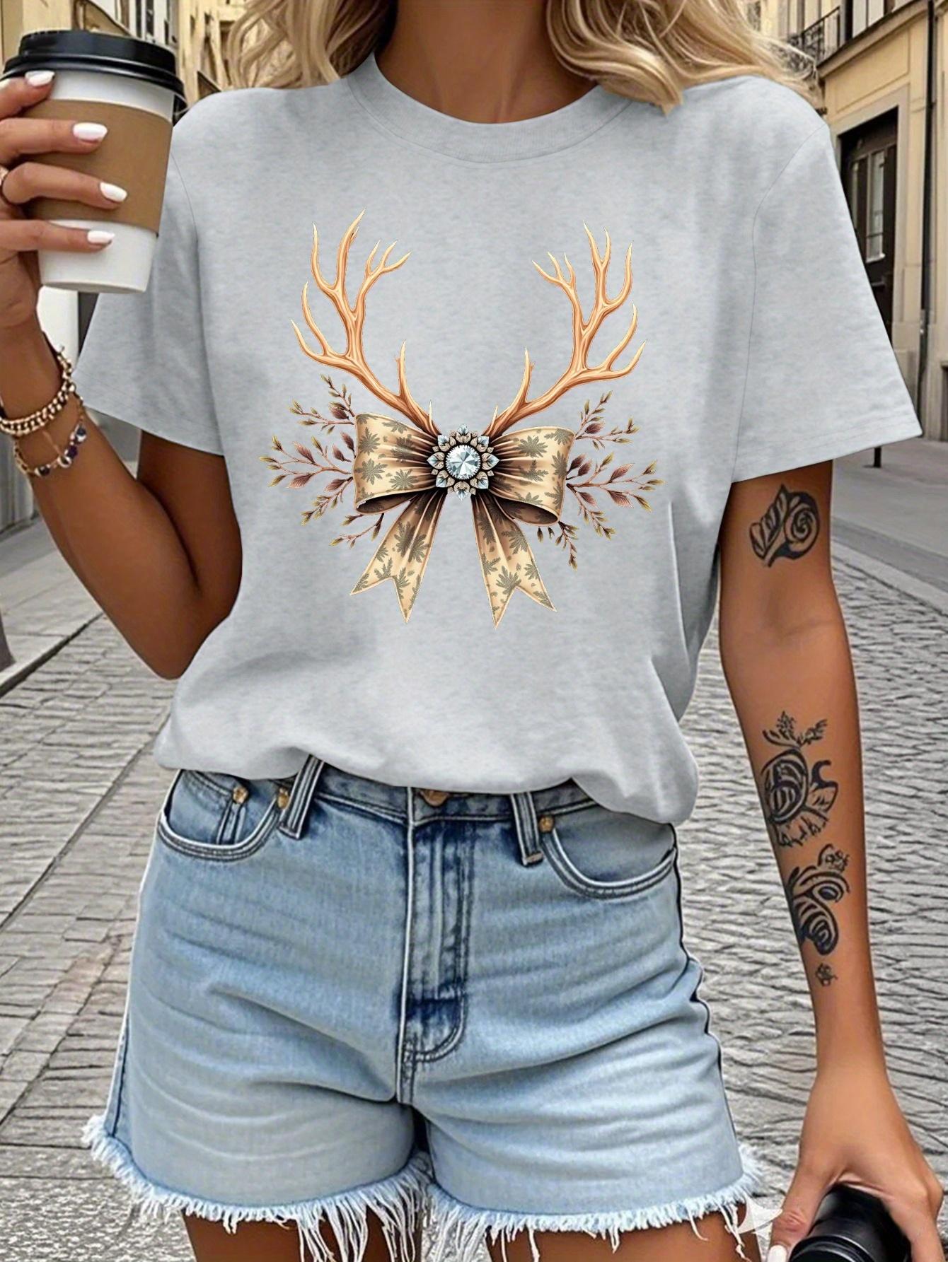 Teediy Deer Antlers with Gemstone Pure WomenS TShirt Comfort Fit Summer Short Sleeved Harajuku Streetwear Aesthetic Clothes S