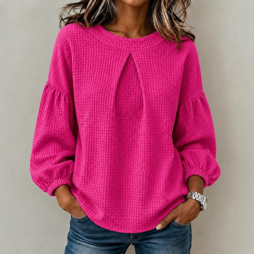 Women's Waffle Solid Color Top Shirt European and American Lantern Sleeves Round Neck Simple Long Sleeves