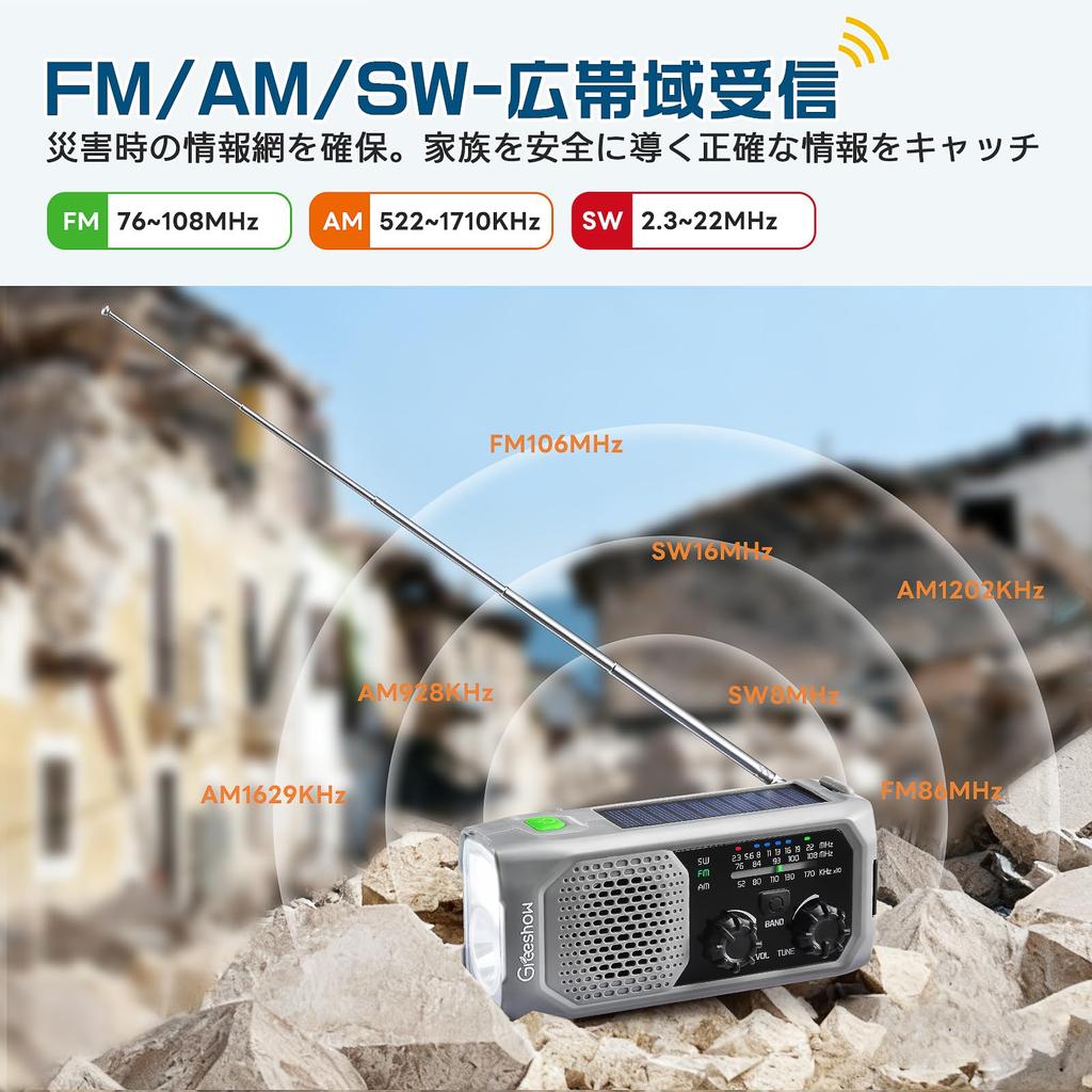 [Disaster Prevention Officer Recommended] Greeshow Disaster Prevention Radio, Multifunctional, Hand Crank, Solar Charging, with LED/SOS, For Disaster