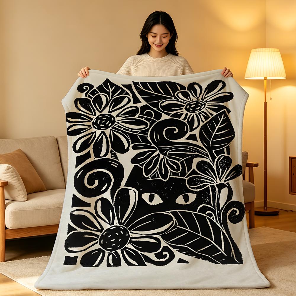 Art B-Black a-and W-White Floral Throw High-Density Short Plush Blanket Soft Skin-Friendly for Sofa Nap Air-Conditioned Room
