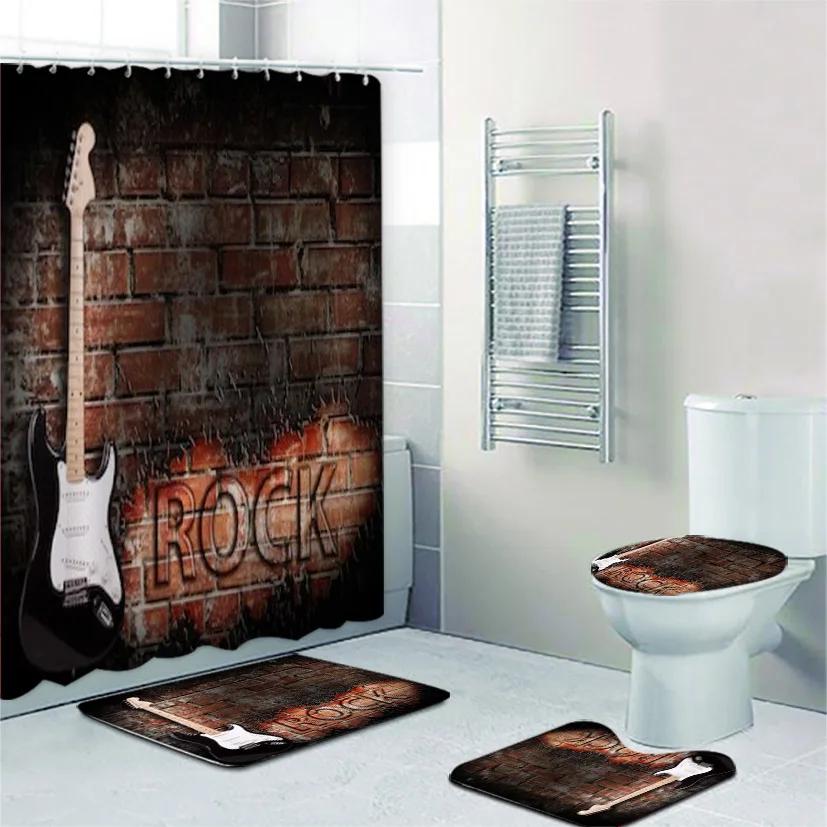 4Pcs Fire Burning Electric Guitar Shower Curtain Sets, Stone Wall Modern Bathroom Sets Waterproof,Non-Slip Bath Rugs Toilet Mat