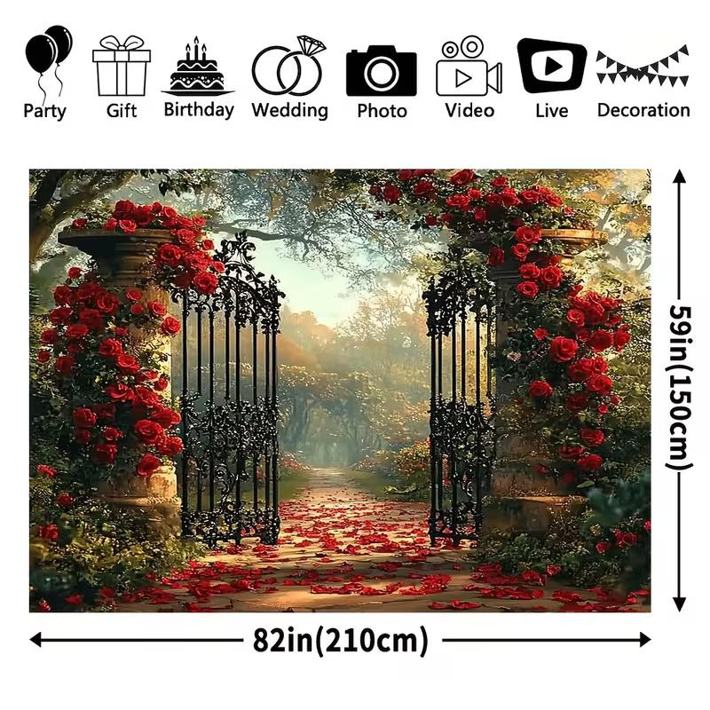 2D Red Rose Garden Gate Backdrop Wedding Photography Background