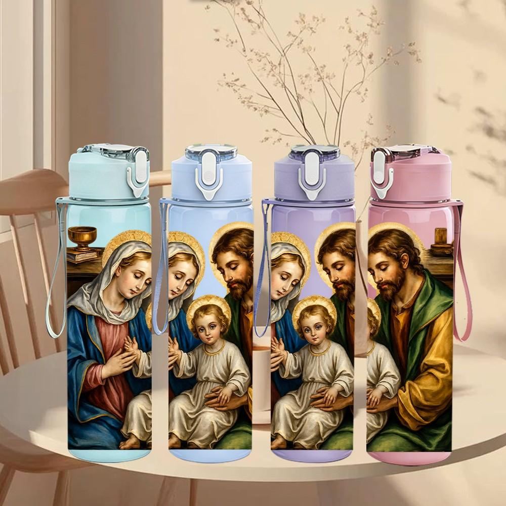 1PC Holy Family Mary Joseph Baby Jesus 750ml Color Plastic Sports Water Bottle Leakproof Flip Straw Lid Suitable for Sports Office Home Use