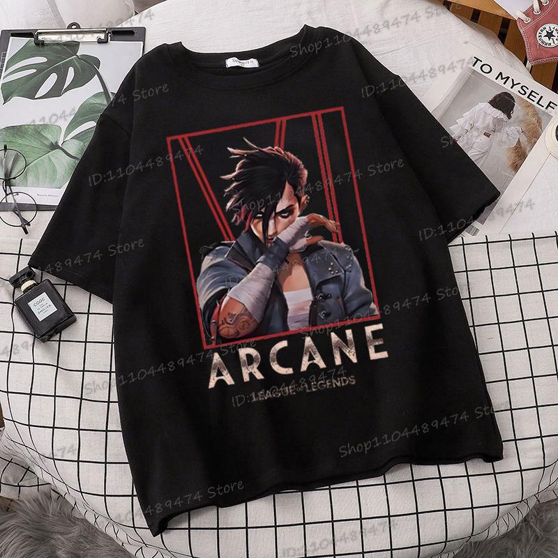 Arcane Vi Fashion Streetwear T-shirt for Men Women League of Legends Trending Clothes Jinx Anime Fans Gift Street Style Tshirts