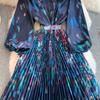 Spring Autumn Women Print Flower Runway Dresses V-neck Big Swing Long Maxi Pleated Holiday Party Dress With Belt