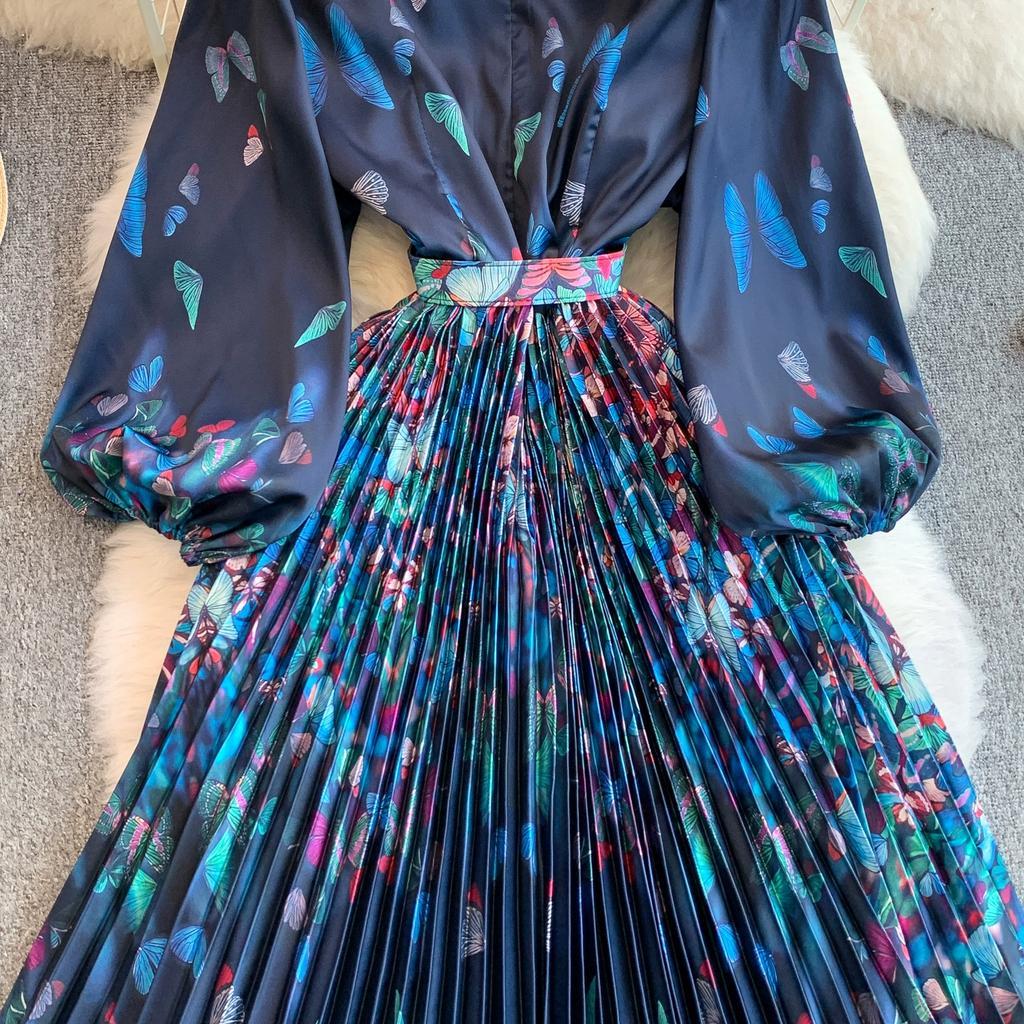 Spring Autumn Women Print Flower Runway Dresses V-neck Big Swing Long Maxi Pleated Holiday Party Dress With Belt