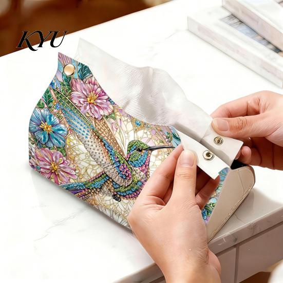 Concentration Training Toys DIY Faux Diamond Art Painting Tissue Box, Leather Desktop Holiday Gift for Craft Lovers Holder Pouch, 5D Rhinestone